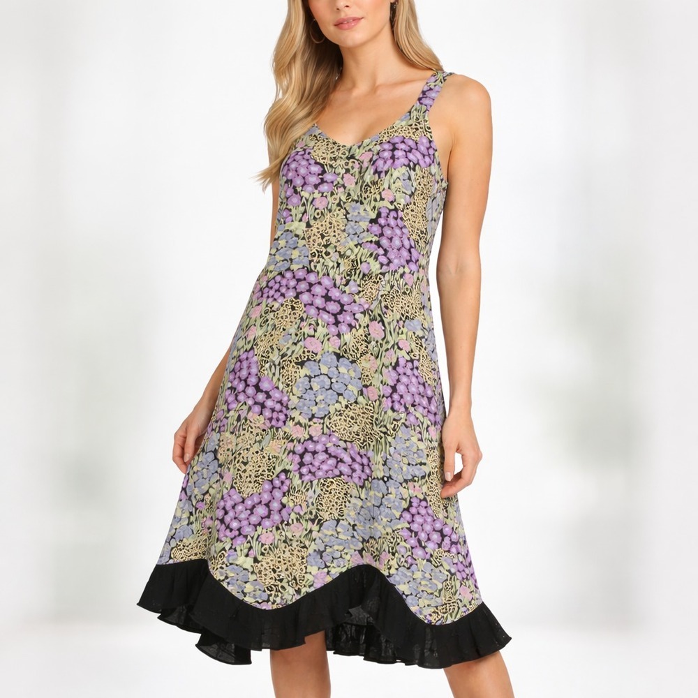 Vintage Zoe California Floral Rayon Crepe Dress Structured Bodice Flowy Hem SZXS